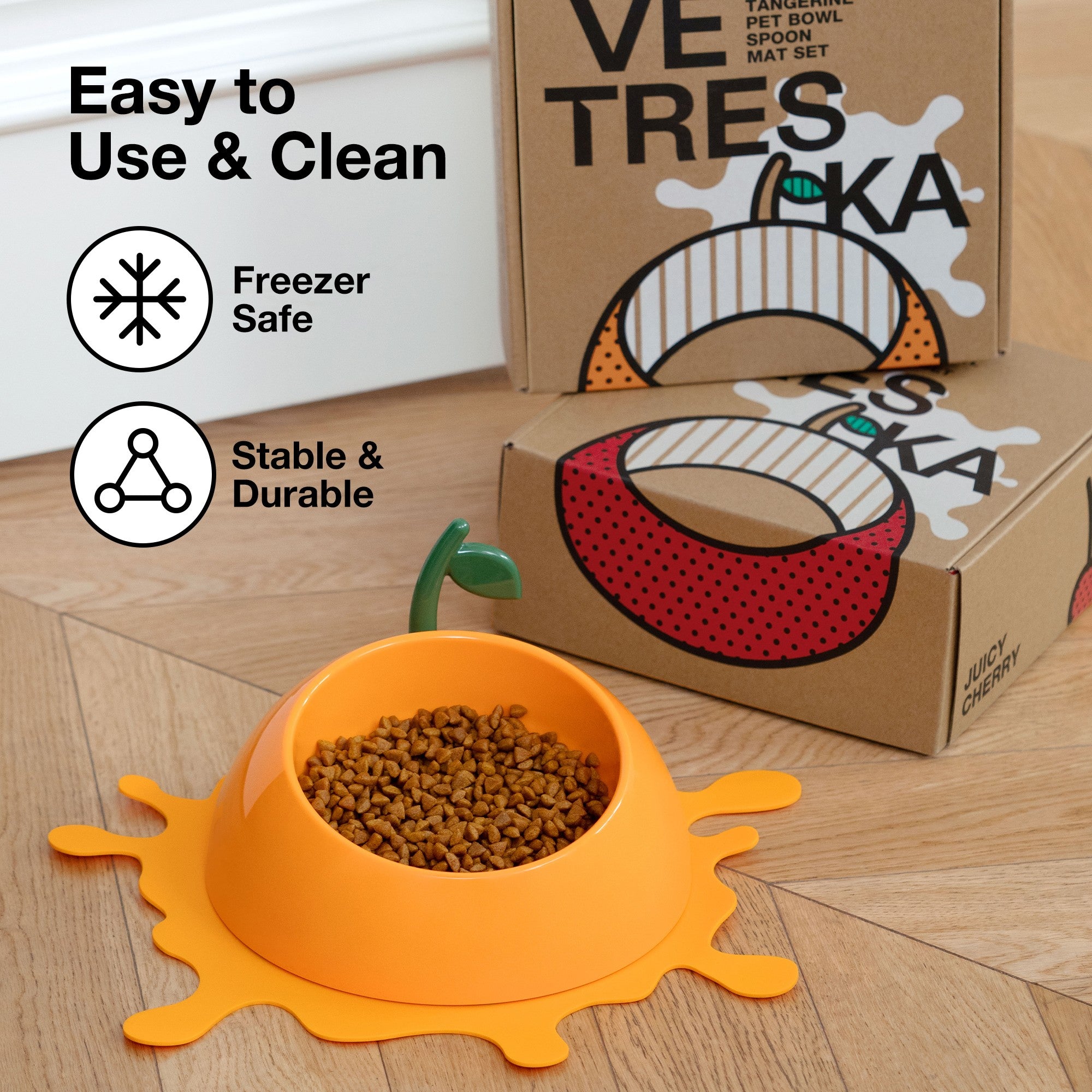 VETRESKA Sappige Mandarijn Voerbak, Lepel & Mat Set